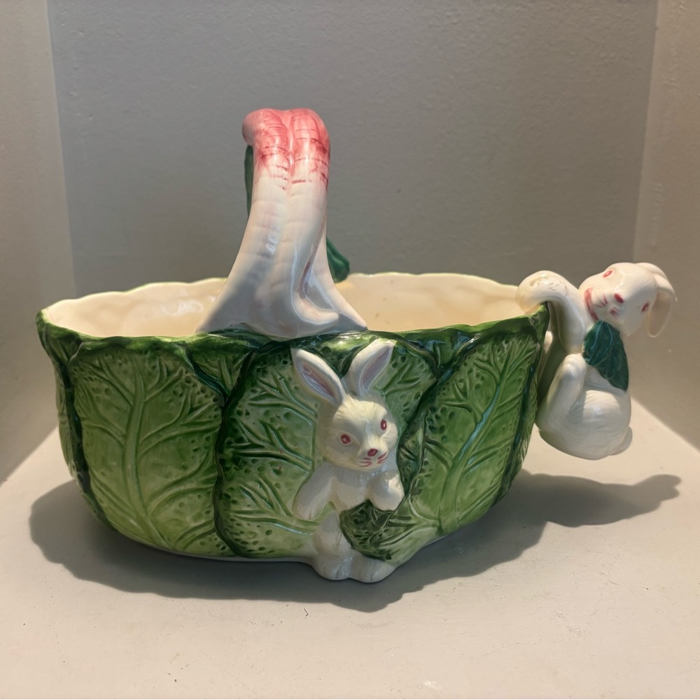 Green cabbage Leaf ceramic basket w/ white Bunny rabbit Easter eggs spring time